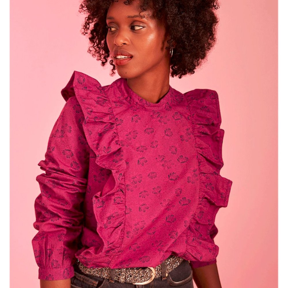 Des Petits Hauts Voliane Cassis Blouse Floral Printed Top T2